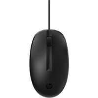 Black HP 125 wired mouse with a sleek design, scroll wheel, and HP logo on the top surface.