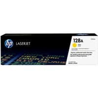 HP 128A Yellow LaserJet toner cartridge in black box with colorful text and HP logo.
