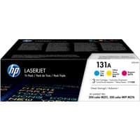 HP 131A 3-pack LaserJet toner cartridges in black box with cyan, magenta, yellow color dots and text.