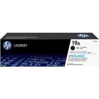 Black and white HP 19A LaserJet imaging drum box with blue HP logo and product details.