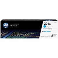 HP 201A Cyan LaserJet toner cartridge in black box with blue accents and HP logo.