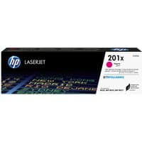 HP 201X magenta LaserJet toner cartridge in black box with colorful text and HP logo on top left.