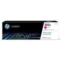 HP 205A Magenta LaserJet toner cartridge box with HP logo and colorful graphics on black background