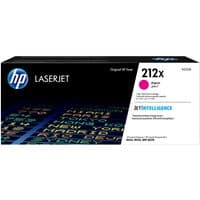 HP 212X magenta LaserJet toner cartridge box with blue HP logo and colorful text pattern.