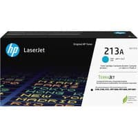 HP 213A Cyan LaserJet toner cartridge box, black with blue HP logo and colorful text pattern.