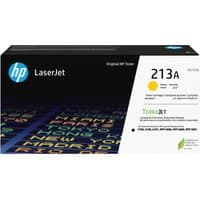 HP 213A Yellow LaserJet toner cartridge box with HP logo and colorful text design on black background.