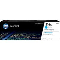 HP 216A Cyan LaserJet toner cartridge box with blue accents and HP logo on black background.