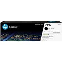 HP 219X black LaserJet toner cartridge box with blue HP logo and colorful text design.