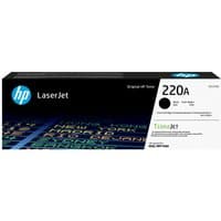Black HP 220A LaserJet toner cartridge box with blue HP logo and colorful text design.