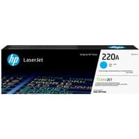 HP 220A Cyan LaserJet toner cartridge in black box with blue HP logo and colorful text design.
