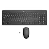 Black HP wireless keyboard and mouse set with USB-A nano receiver, full-size keyboard layout, sleek design.