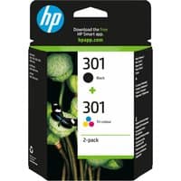 HP 301 2-pack ink cartridges, black and tri-color, in a black box with green plant design and HP logo on top.