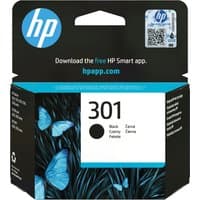 HP 301 Black Original Ink Cartridge in black and blue packaging with butterfly design and HP logo.