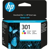 HP 301 Tri-color ink cartridge box with blue butterflies and HP logo on black background.