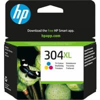 HP 304XL Tri-color Original Ink Cartridge in black packaging with green accents and butterfly image.