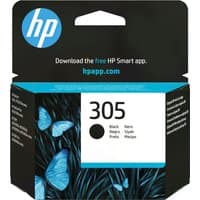 HP 305 Black Original Ink Cartridge in black and blue packaging with butterfly design and HP logo.