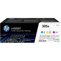 HP 305A 3-pack toner cartridges in black box with cyan, magenta, yellow labels and HP logo.