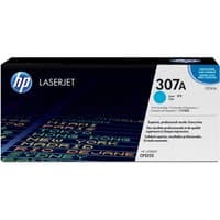 HP 307A Cyan LaserJet toner cartridge box with blue accents and HP logo on black background.