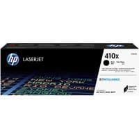 HP 410X black toner cartridge box with colorful text design and HP logo on black background.