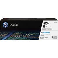 HP 415A black LaserJet toner cartridge box with blue HP logo and colorful text pattern.