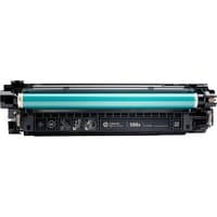 Black HP 508A LaserJet toner cartridge with a cyan drum and black casing, featuring HP branding and model details.
