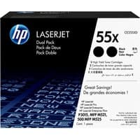 HP 55X 2-pack black toner cartridges in blue and white box with LaserJet branding and product details.