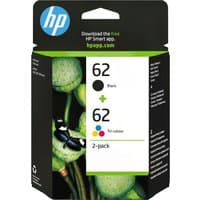 HP 62 2-pack ink cartridges, black and tri-color, in a black box with green accents and colorful ink drop icons.