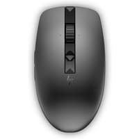 Sleek black HP 635 wireless mouse with scroll wheel, side buttons, and HP logo on top.
