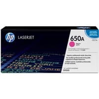 HP 650A magenta LaserJet toner cartridge box with blue HP logo and colorful text design.