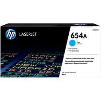 HP 654A Cyan LaserJet toner cartridge box with blue accents and HP logo.
