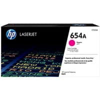 HP 654A magenta toner cartridge box with black background and colorful text design.