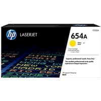 HP 654A yellow LaserJet toner cartridge box with bold text and HP logo on black background.