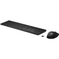 Black HP 655 wireless keyboard with numeric keypad and matching ergonomic mouse, includes USB receiver.