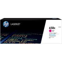 HP 658X magenta toner cartridge box with black and white design, HP logo, and colorful text graphics.