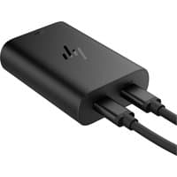 Black HP 65W GaN USB-C laptop charger with dual USB-C ports and sleek, compact design.