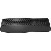 Black HP 685 wireless keyboard with ergonomic wave design and full-size layout, including numeric keypad.
