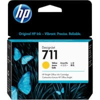 HP 711 yellow ink cartridge box with blue butterflies and HP logo on black background.