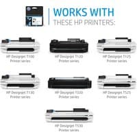 HP 711 38-ml black ink cartridge in blue and white packaging with HP logo and printer compatibility list.