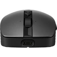 Black HP 715 rechargeable mouse with scroll wheel, USB-C port, and sleek ergonomic design.