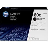 HP 80X dual pack black toner cartridges in a black box with blue text and HP logo.
