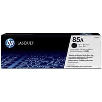 HP 85A black LaserJet toner cartridge in black box with blue HP logo and white text detailing specifications.