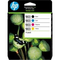 HP 903 4-pack ink cartridges in black, cyan, magenta, yellow with butterfly and green plant design on packaging.