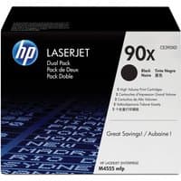 HP 90X 2-pack black toner cartridges in a black box with blue accents and white text.