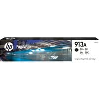 HP 913A black PageWide cartridge in rectangular box with HP logo, blue light streaks, and product details.