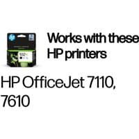 HP 932XL black ink cartridge in box, compatible with HP OfficeJet 7110, 7610 printers, green leaf design on packaging.