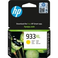 HP 933XL yellow ink cartridge in black and green packaging with HP logo and QR code.