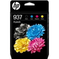 HP 937 CMYK Original Ink Cartridge 4-Pack with black, cyan, magenta, yellow floral design on black packaging.