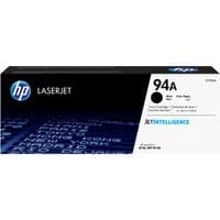 HP 94A Black LaserJet toner cartridge box with blue text and HP logo on black and white packaging.