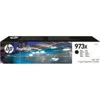 Black HP 973X PageWide cartridge box with cityscape design and white label detailing high yield and original branding.