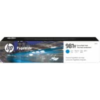HP 981Y cyan PageWide cartridge in black box with blue accents and product details on white label.